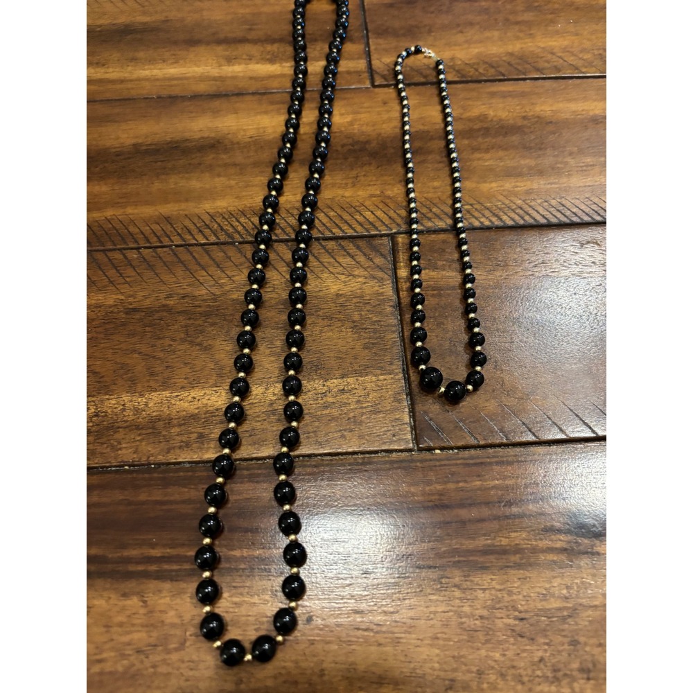 Vintage DEL 14K Yellow Gold Black Onyx Bead Necklace Set Graduated 2 Pieces